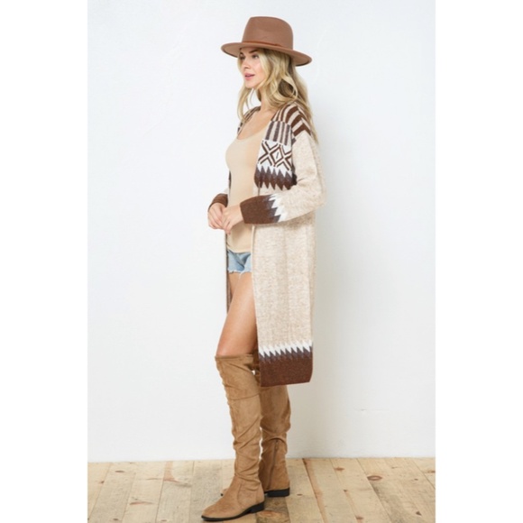 Taupe & Brown Aztec Tribal Western Boho Long Open Knit Cardigan Casual Sweater - Picture 5 of 8